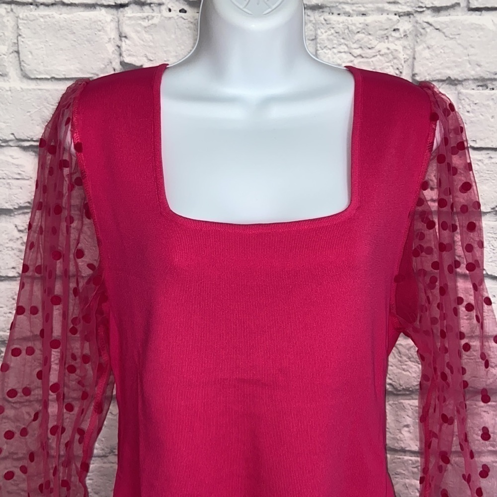 Eesome 1X Hot Pink Polka Dot Sheer Sleeve Blouse - Picture 4 of 15